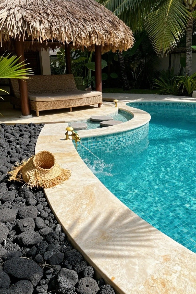 Curved turquoise-tiled pool with beige travertine coping edged by black lava rocks, brass water spout, thatched pavilion with rattan daybed nearby, tropical plants and black pebbles in the foreground.