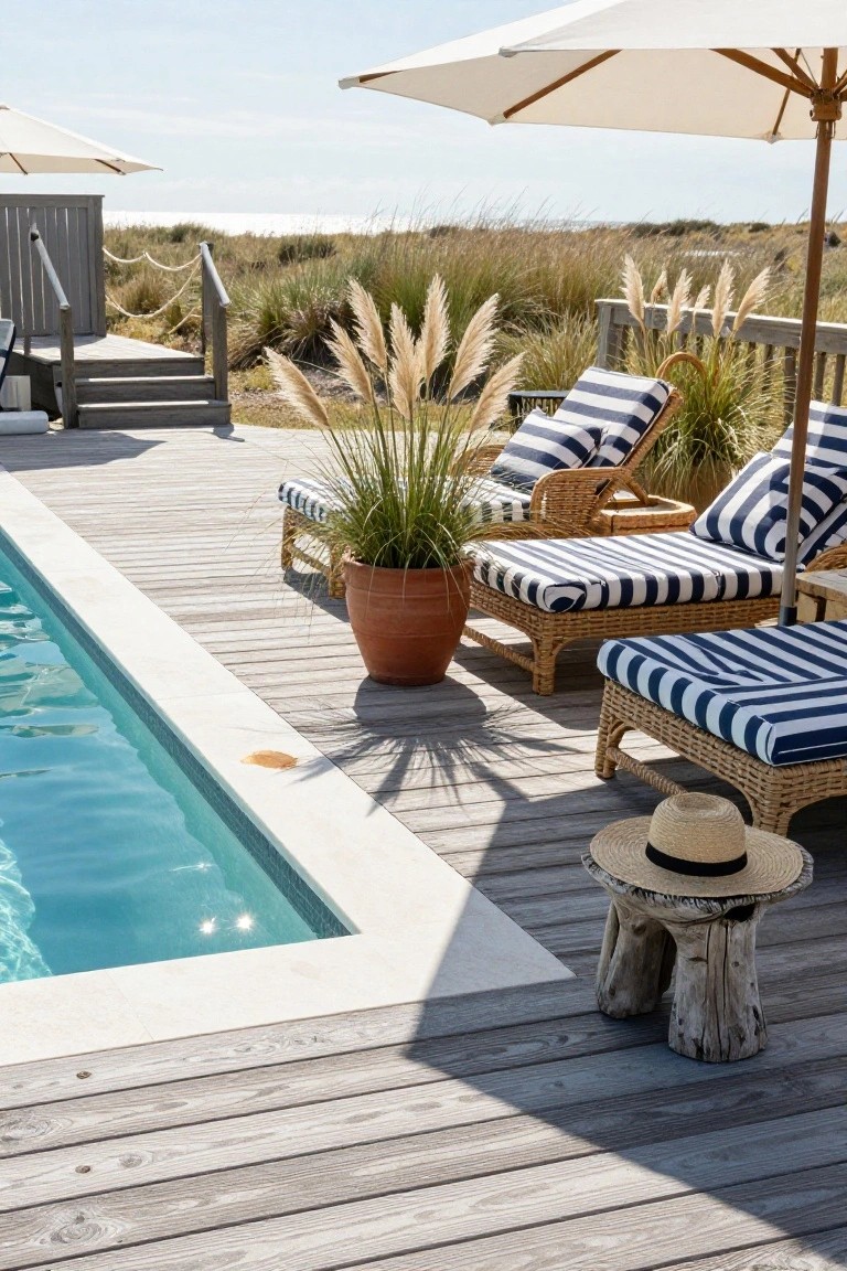 Rectangular pool with white stone coping bordered by gray wood decking, blue-and-white striped loungers, potted grasses, and a straw hat on a driftwood stool.
