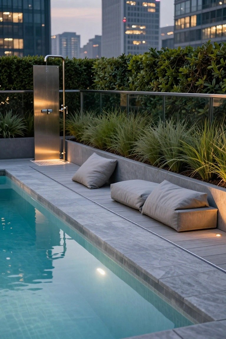Rooftop pool with wide gray concrete coping edged with lounge cushions, stainless steel outdoor shower nearby, plants in raised beds, and city buildings in the background at dusk.