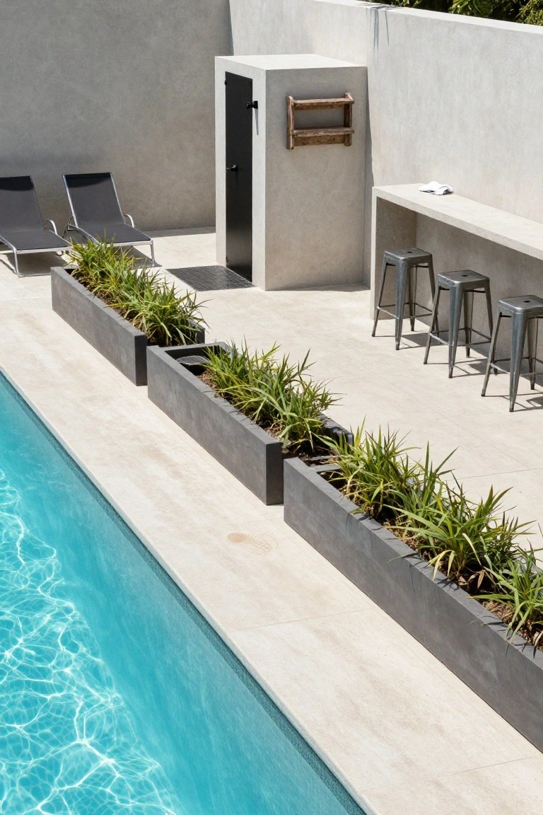 19 Functional Pool Deck Furniture Layout Designs That Maximize Comfort Pool deck alongside turquoise water edged by large grey concrete planters with green grasses, two angled black loungers, a low concrete counter with three metal bar stools, a black shower enclosure, and beige tiled flooring against a textured wall.
