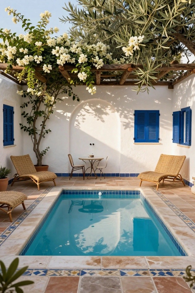 19 Functional Pool Deck Furniture Layout Designs That Maximize Comfort Small rectangular turquoise-tiled pool in a white-walled courtyard with terracotta decking, two woven loungers on either side, a metal bistro table and chairs nearby, olive tree, climbing white flowers on wooden pergola, and blue shutters on arched windows.