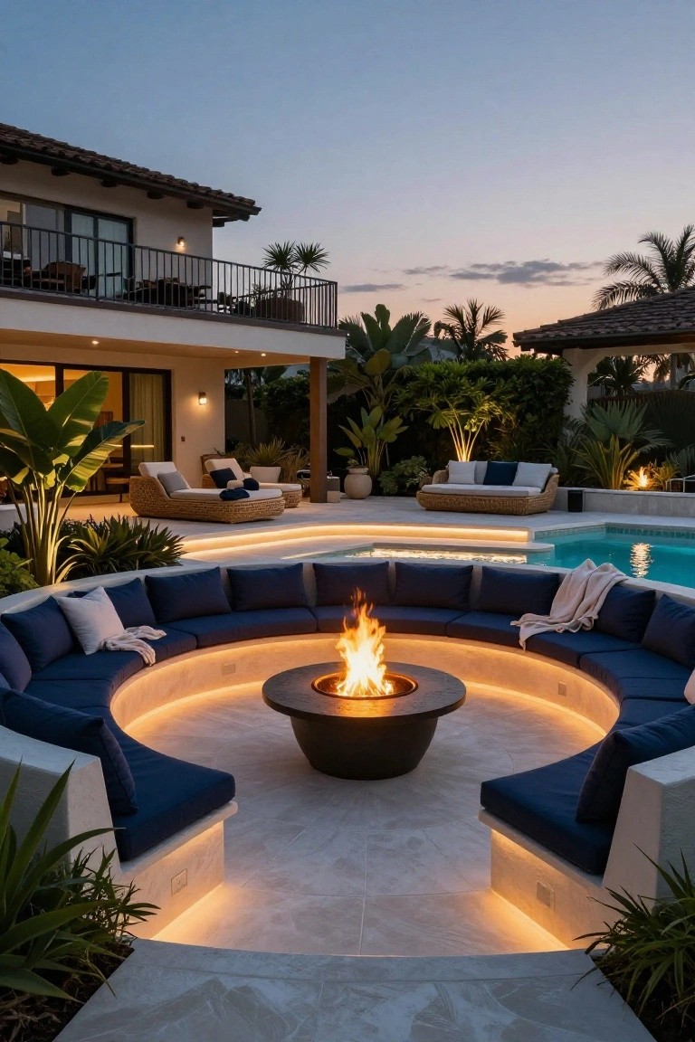 19 Functional Pool Deck Furniture Layout Designs That Maximize Comfort Twilight photo of a pool deck with curved white built-in bench seating upholstered in navy cushions encircling a black gas fire pit, next to a rectangular lit pool, surrounded by palms and potted plants, with a modern house and balcony in the background.