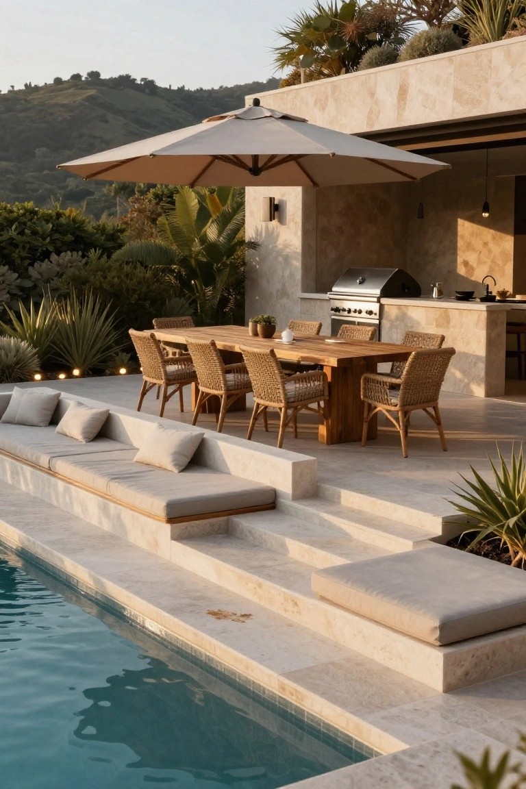 19 Functional Pool Deck Furniture Layout Designs That Maximize Comfort Pool deck with long wooden dining table and rattan chairs under beige umbrella next to stainless steel grill and kitchen counter, built-in cushioned benches on stone steps to turquoise pool, tropical plants and warm lighting around travertine flooring.