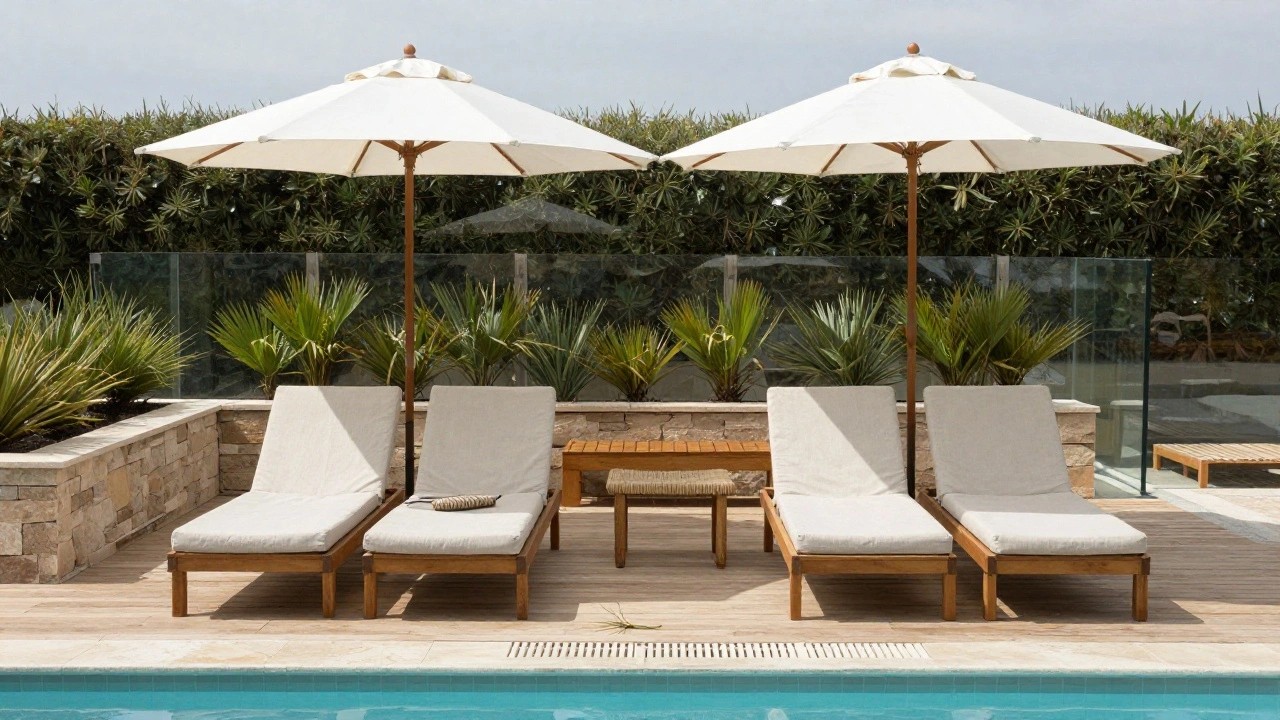 Pool deck with four wooden lounge chairs with beige cushions arranged in a row parallel to the turquoise pool edge, a rattan stool and wooden side table nearby, shaded by a white umbrella, on beige travertine tiles with greenery and a glass railing in the background.