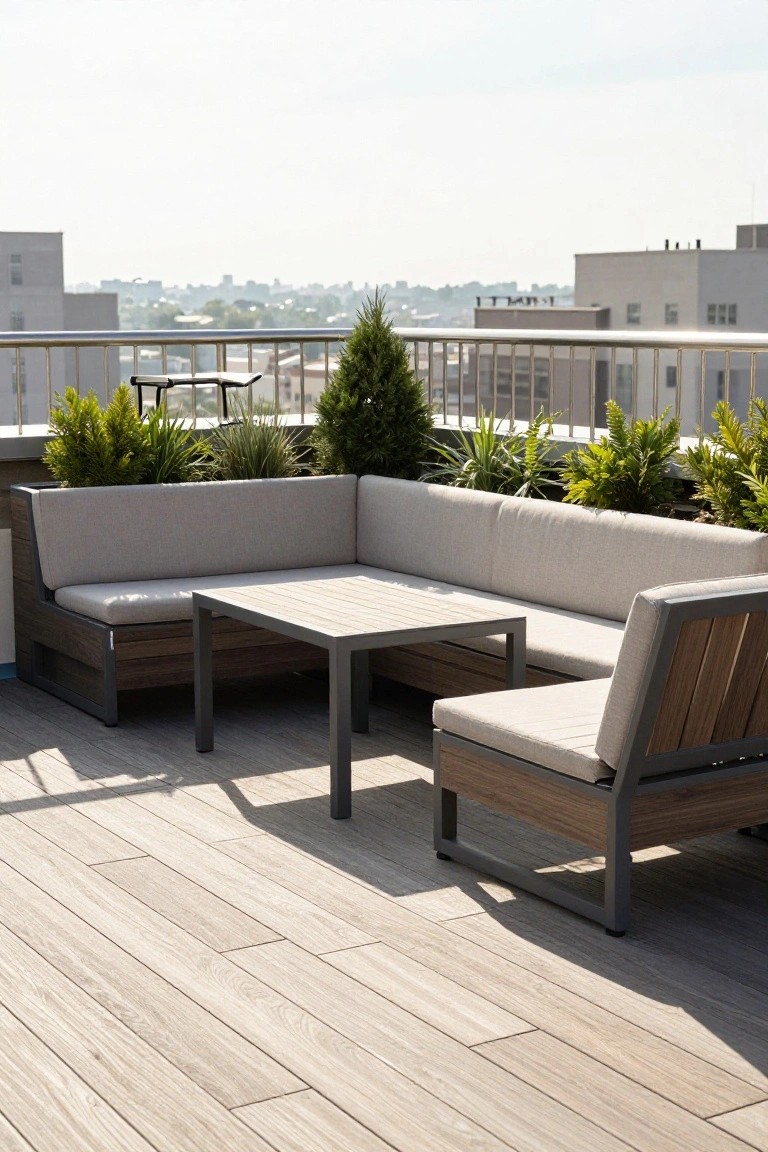 19 Functional Pool Deck Furniture Layout Designs That Maximize Comfort Rooftop deck with L-shaped light gray sofa, rectangular wooden table, single armchair, potted plants along the edges, metal railing, and distant city buildings under a clear sky.