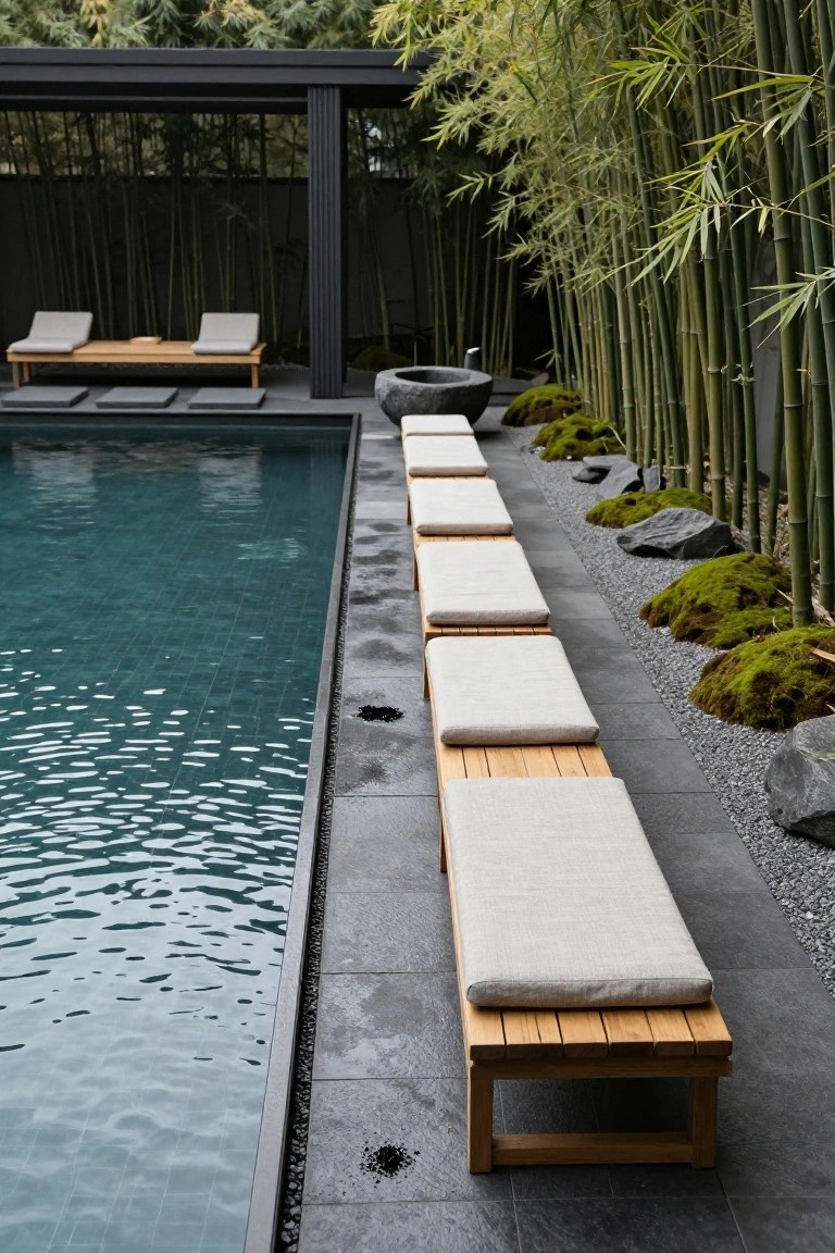 19 Functional Pool Deck Furniture Layout Designs That Maximize Comfort A row of teak daybeds with beige cushions aligned parallel to the edge of a rectangular turquoise pool on a dark stone deck, bordered by black gravel, mossy rocks, and tall bamboo plants.