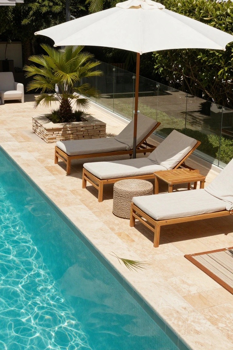 19 Functional Pool Deck Furniture Layout Designs That Maximize Comfort Pool deck with four wooden lounge chairs with beige cushions arranged in a row parallel to the turquoise pool edge, a rattan stool and wooden side table nearby, shaded by a white umbrella, on beige travertine tiles with greenery and a glass railing in the background.