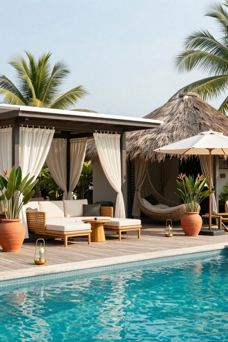 19 Functional Pool Deck Furniture Layout Designs That Maximize Comfort Pool deck with cabana structure featuring white draped curtains, modular white lounge seating on wooden platform, hanging woven chair in thatched pavilion, potted plants and lanterns, adjacent to blue-tiled swimming pool.