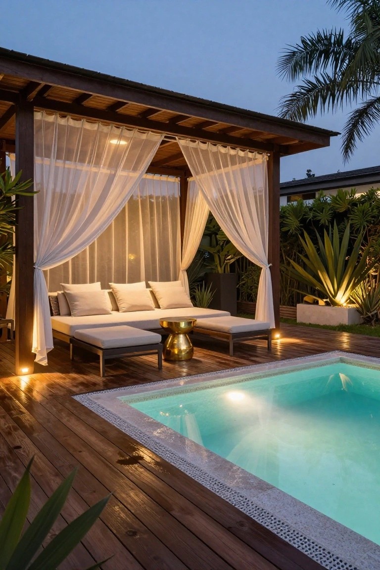 19 Functional Pool Deck Furniture Layout Designs That Maximize Comfort Wooden deck next to a small turquoise pool holds a cabana structure with sheer white curtains enclosing a white sofa, two ottomans, and a gold drum table, surrounded by potted plants and agaves at dusk.