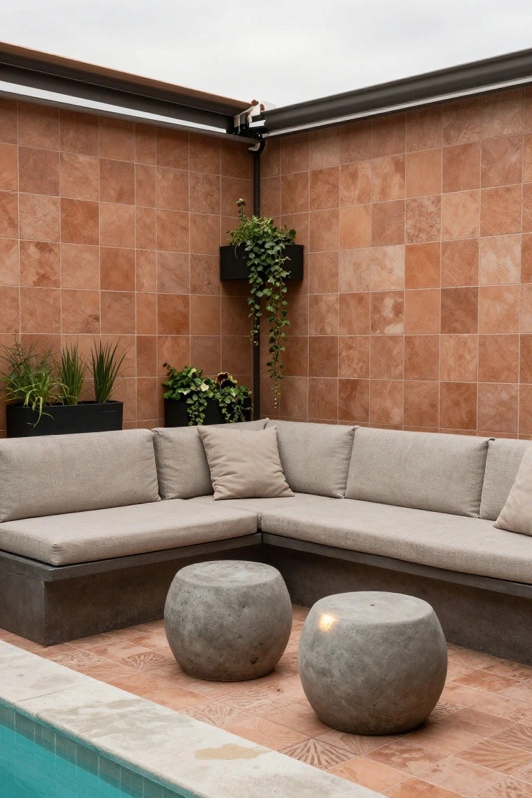 19 Functional Pool Deck Furniture Layout Designs That Maximize Comfort Corner of an outdoor pool deck with L-shaped beige sofa against terracotta tiled walls, two round gray concrete stools nearby, potted plants, and turquoise pool edge.