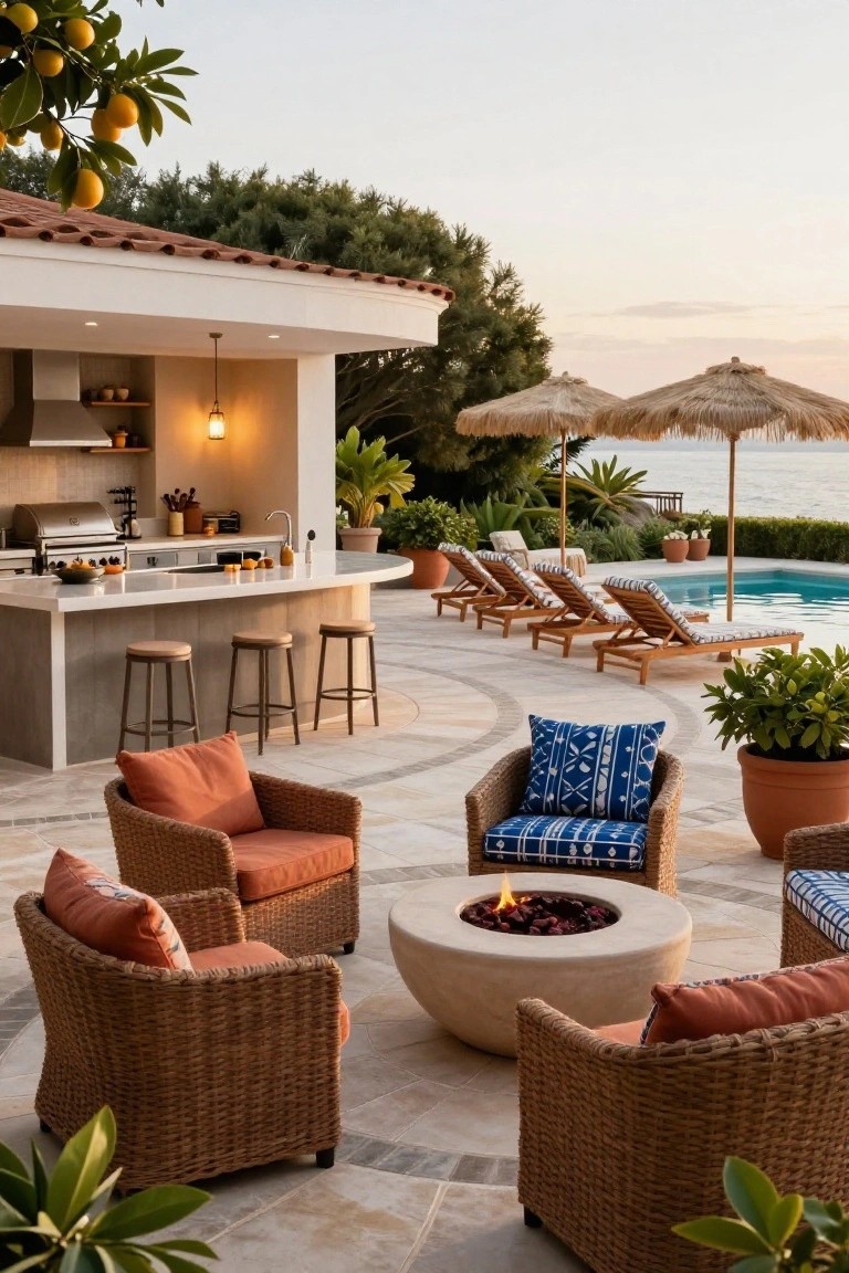 19 Functional Pool Deck Furniture Layout Designs That Maximize Comfort Pool deck with curved outdoor kitchen bar, woven armchairs around a central stone fire pit, lounge chairs by an infinity pool, potted plants, umbrellas, and ocean backdrop at dusk.