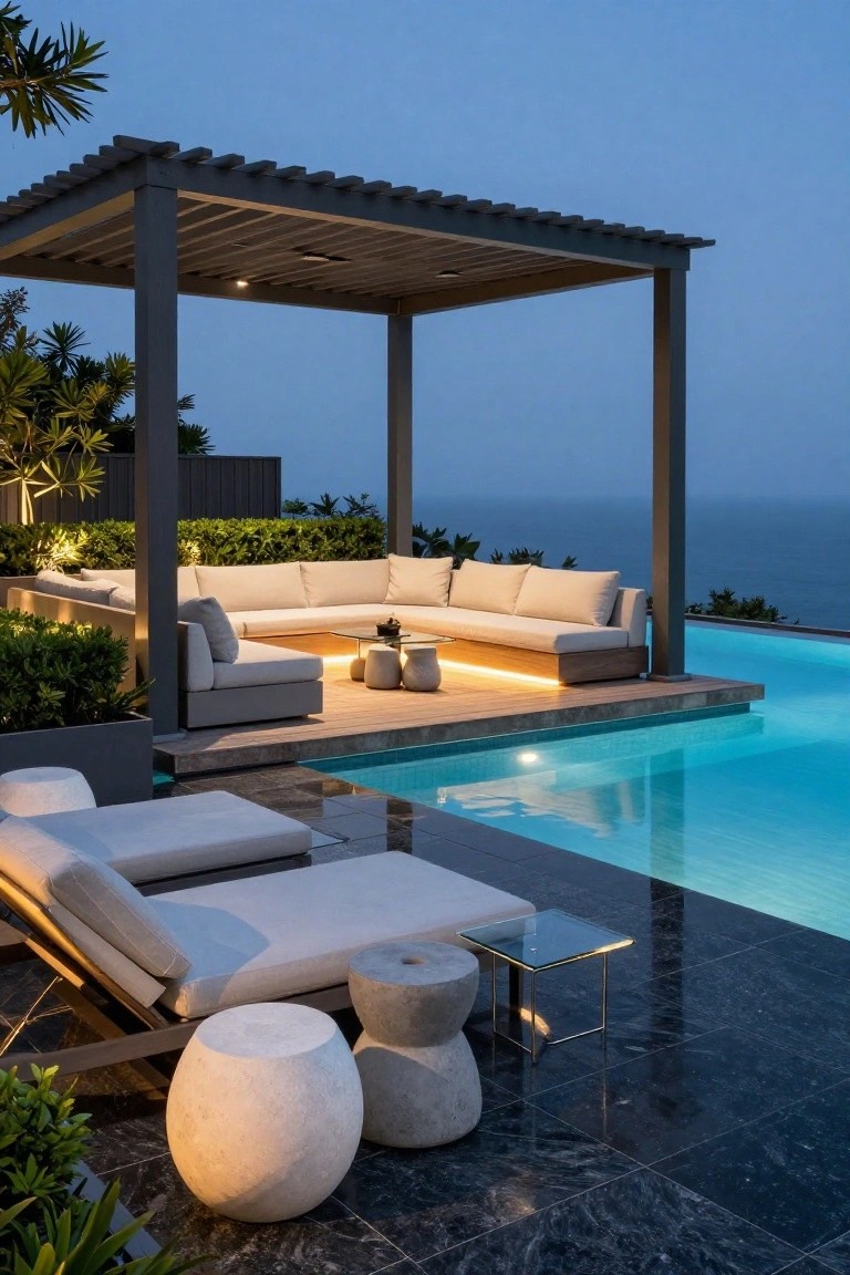 19 Functional Pool Deck Furniture Layout Designs That Maximize Comfort Black wooden pergola over white L-shaped outdoor sofa on a pool deck, with two loungers, stone stools, glass tables, lit infinity pool edge, and ocean view at dusk.