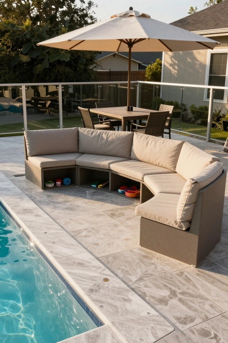 19 Functional Pool Deck Furniture Layout Designs That Maximize Comfort Curved beige outdoor sectional sofa with built-in lower storage cubbies holding toys, bowls, and shoes, positioned on a light gray tiled pool deck next to the water.