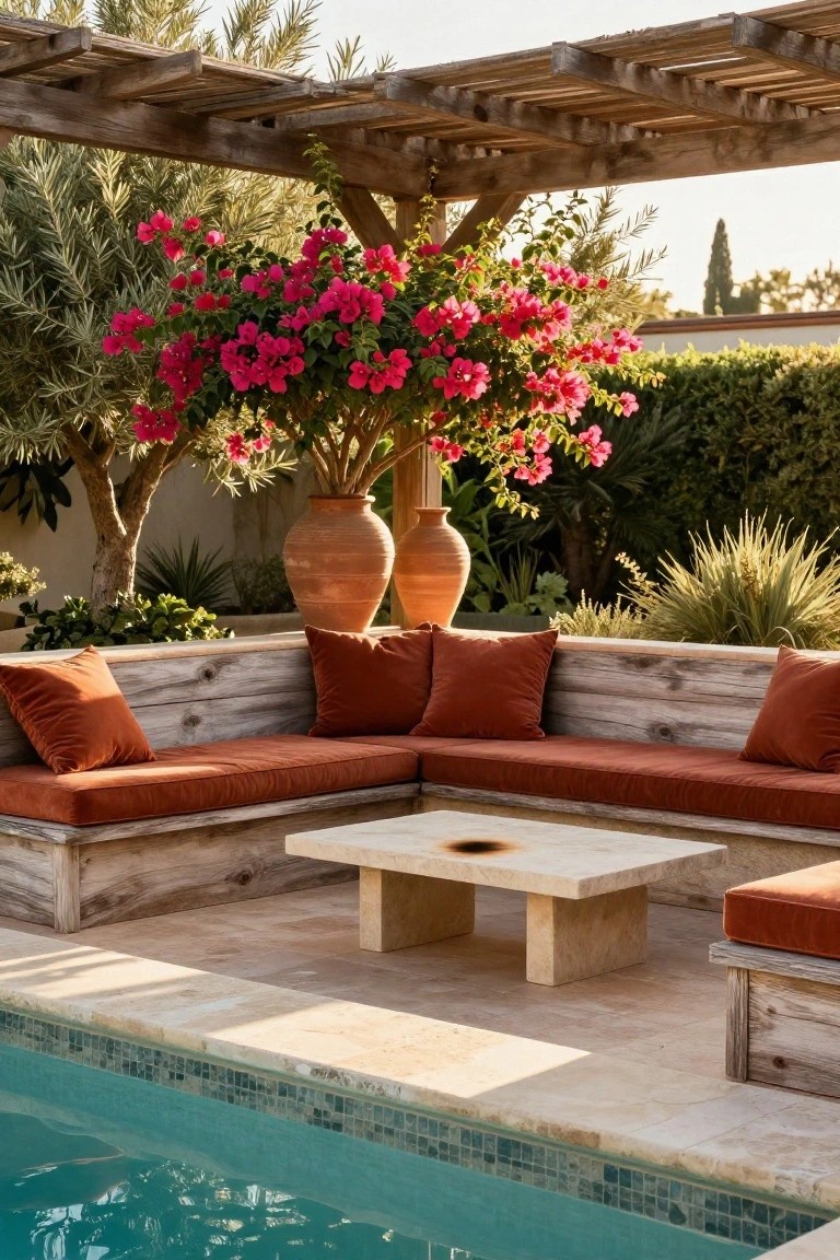 19 Functional Pool Deck Furniture Layout Designs That Maximize Comfort Wooden built-in L-shaped bench with rust-colored cushions and low beige stone table on a pool deck edge, flanked by large terracotta pots and bougainvillea under a pergola, with palm trees, greenery, and turquoise pool water nearby.