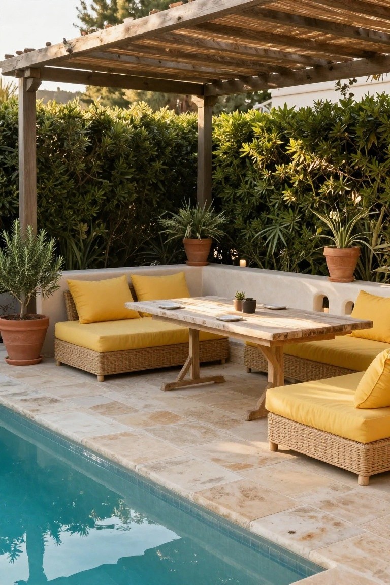 19 Functional Pool Deck Furniture Layout Designs That Maximize Comfort Pool deck with wooden pergola shading a rustic rectangular table surrounded by low yellow-cushioned woven benches, potted olive trees and plants, green hedges, and edge of turquoise pool on travertine tiles.