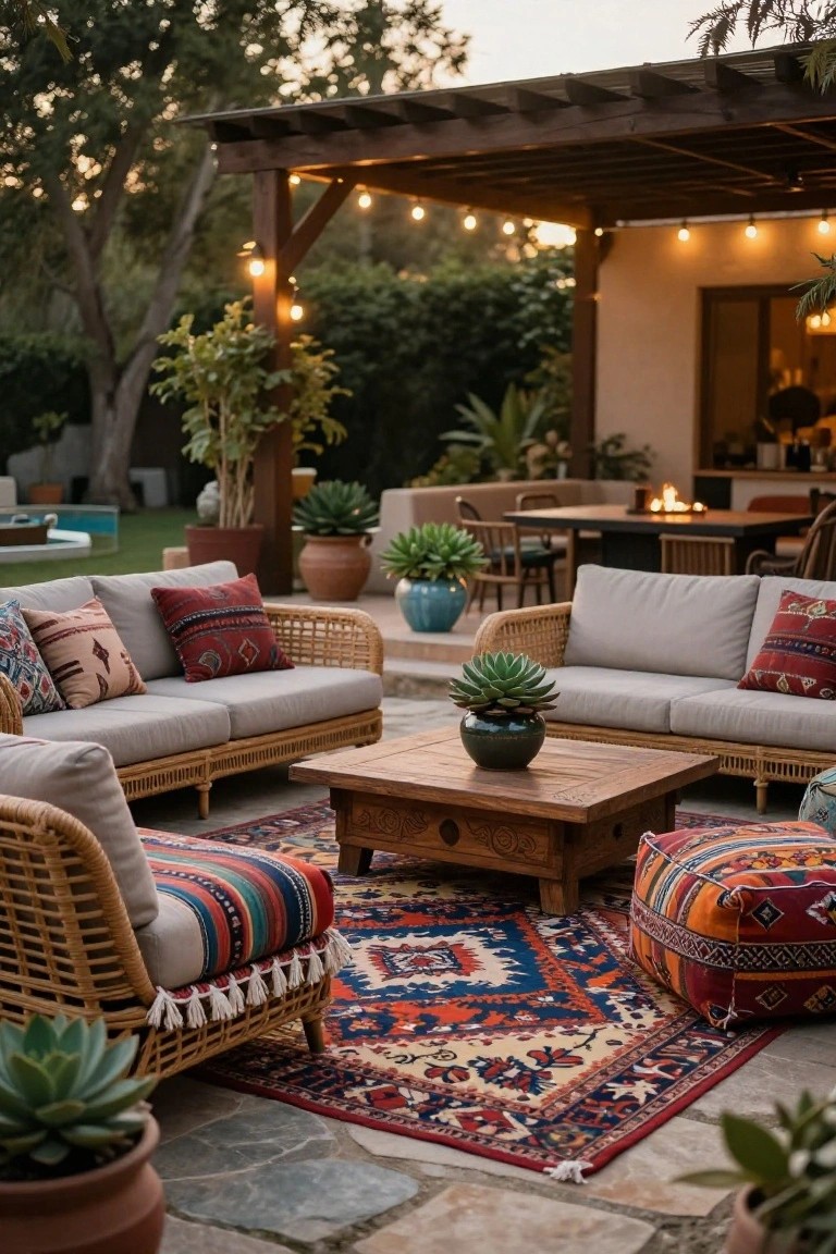 19 Functional Pool Deck Furniture Layout Designs That Maximize Comfort Outdoor pool deck featuring beige rattan L-shaped sofa and chairs around a carved wooden coffee table on a colorful patterned rug, with patterned pillows, orange ottomans, potted succulents, under a wooden pergola strung with warm lights, pool and greenery in background.