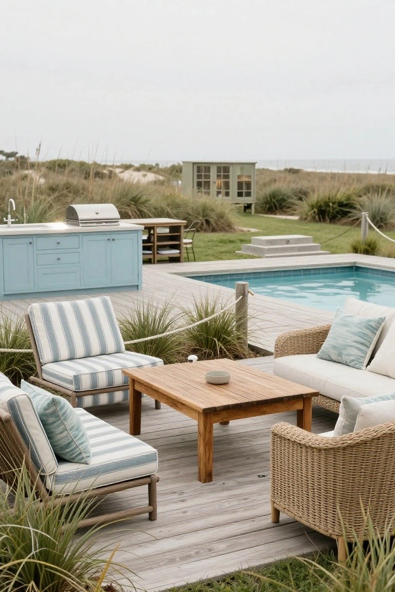19 Functional Pool Deck Furniture Layout Designs That Maximize Comfort Wooden deck beside a rectangular pool with blue lounge chairs in white and blue stripes, a white wicker sofa, and a teak coffee table holding a bowl, adjacent to a blue outdoor kitchen and surrounded by tall grasses.