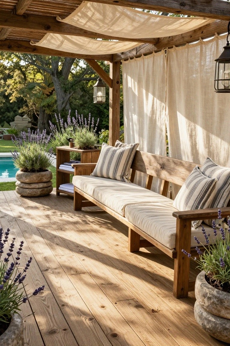 19 Functional Pool Deck Furniture Layout Designs That Maximize Comfort Wooden bench with beige cushions and blue-striped pillows on a sunny deck next to a swimming pool, under a pergola draped with beige fabric, with potted lavender plants and trees in the background.