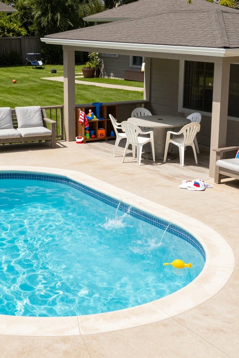 19 Functional Pool Deck Furniture Layout Designs That Maximize Comfort Backyard pool deck with oval blue swimming pool, covered porch area holding round pedestal table and four white chairs, nearby gray loveseat and chair, pool toys, and grassy yard.