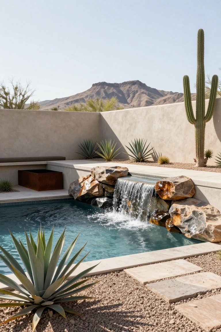 19 Inspiring Inground Pool Landscaping Ideas With Rock Waterfalls Small rectangular inground pool with turquoise water and waterfall cascading from stacked natural rocks at one end, surrounded by agave plants, cacti, gravel, and beige stucco walls in a desert setting with mountains.