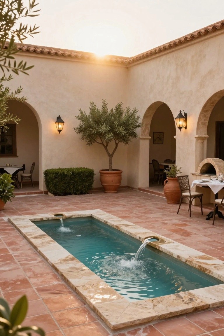 19 Inspiring Inground Pool Landscaping Ideas With Rock Waterfalls Mediterranean courtyard with rectangular pool, stone arches, and terracotta tiles.