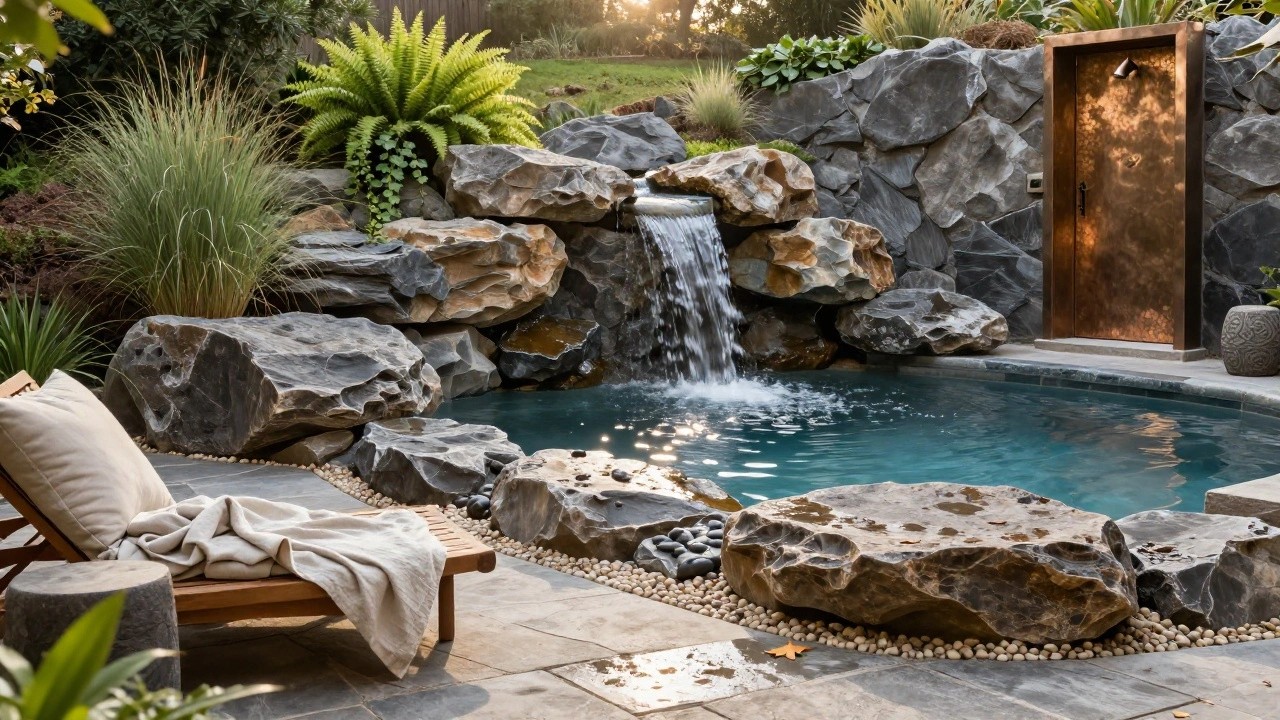Inground turquoise pool with a waterfall cascading from large stacked natural rock boulders, surrounded by greenery, potted plants, and a beige outdoor lounger on a tiled deck.
