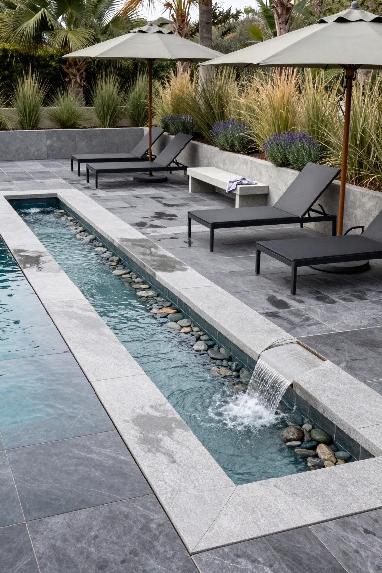 19 Inspiring Inground Pool Landscaping Ideas With Rock Waterfalls Narrow inground pool with pebble bottom and rocks along edges, featuring a small waterfall at one end flowing into the water, surrounded by gray paver patio, black lounge chairs, umbrellas, and landscaping with palms, grasses, and lavender plants.