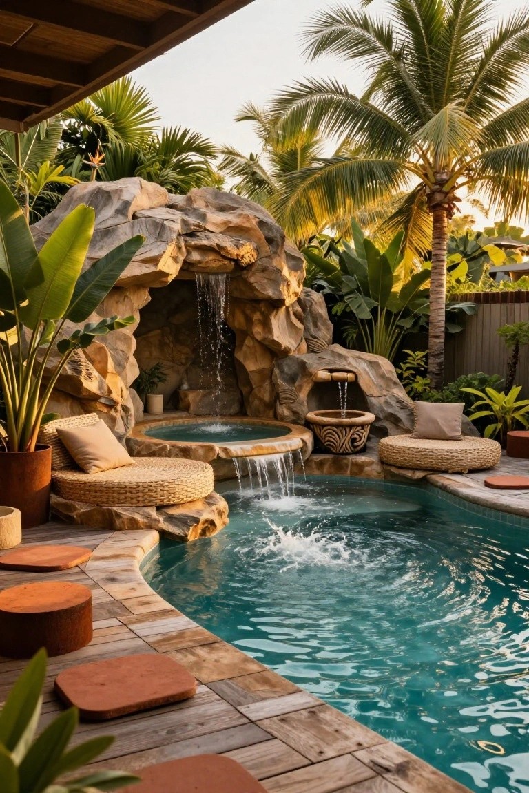19 Inspiring Inground Pool Landscaping Ideas With Rock Waterfalls Inground pool and hot tub with a tall rock formation featuring a waterfall cascading into the water, surrounded by tropical plants, woven stools, and terracotta pots on a wooden deck.