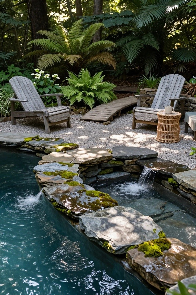 19 Inspiring Inground Pool Landscaping Ideas With Rock Waterfalls Curved inground pool edged with moss-covered stacked rocks featuring a small waterfall, weathered Adirondack chairs on gravel ground surrounded by ferns and trees.