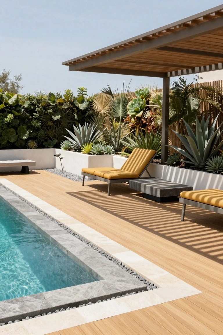 19 Inspiring Inground Pool Landscaping Ideas With Rock Waterfalls Infinity-edge inground pool with gray stone coping and light wood decking, yellow loungers under a slatted wooden pergola, white planters with succulents, and tropical greenery backdrop.