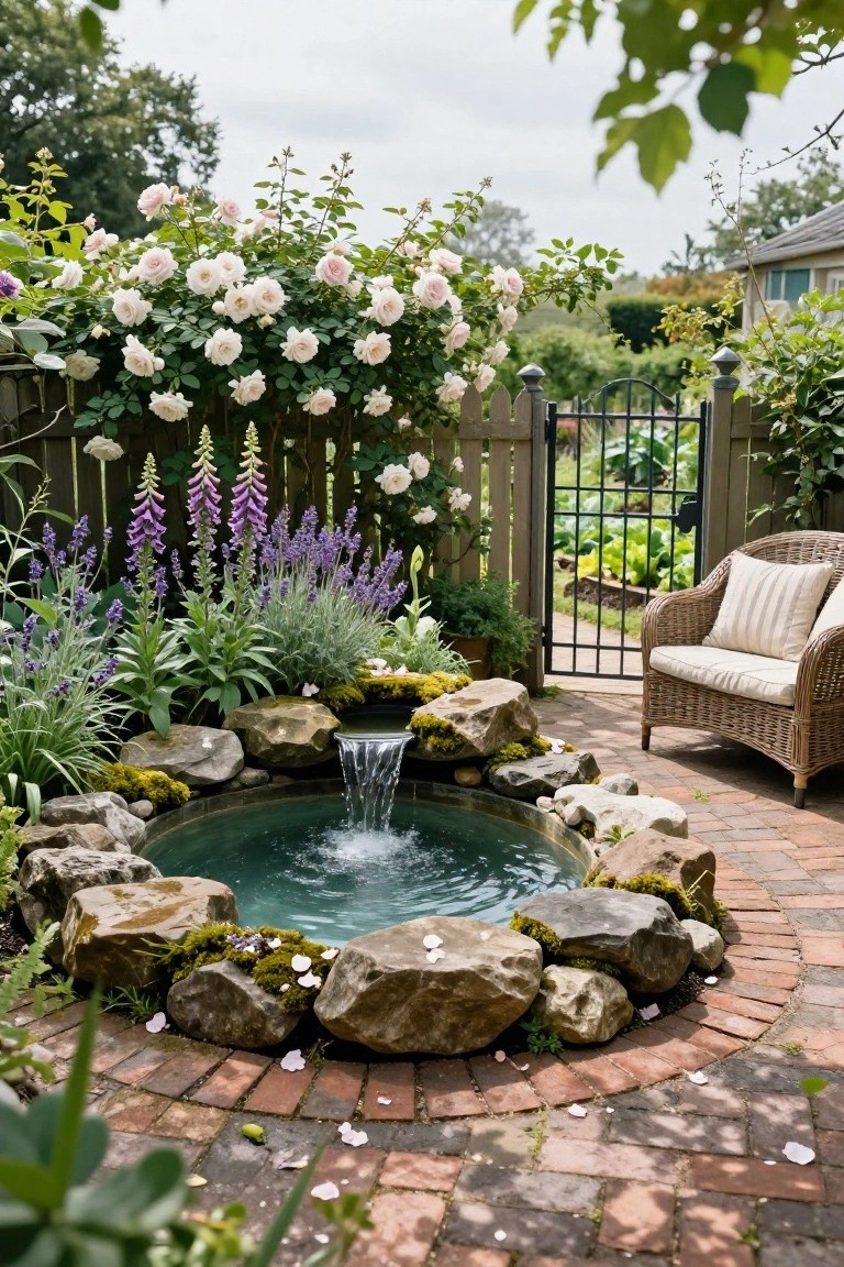 19 Inspiring Inground Pool Landscaping Ideas With Rock Waterfalls Circular inground pool with moss-covered rocks around the edge and a central waterfall, surrounded by lavender, foxgloves, roses on a fence, a wicker chair on brick pavers, and a garden gate.