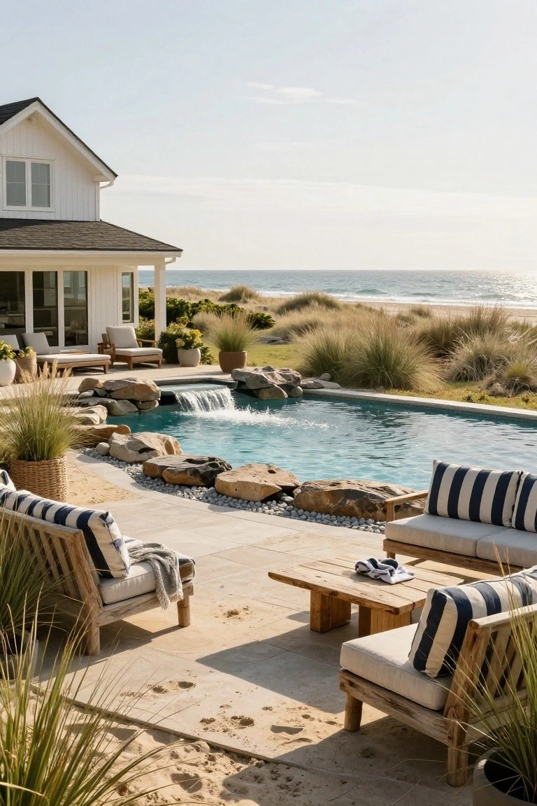 19 Inspiring Inground Pool Landscaping Ideas With Rock Waterfalls Turquoise inground pool with stacked natural rock waterfall at one end, surrounded by boulders, beach grasses, and sand on a stone patio with teak lounge chairs and striped cushions, white house and ocean in background.