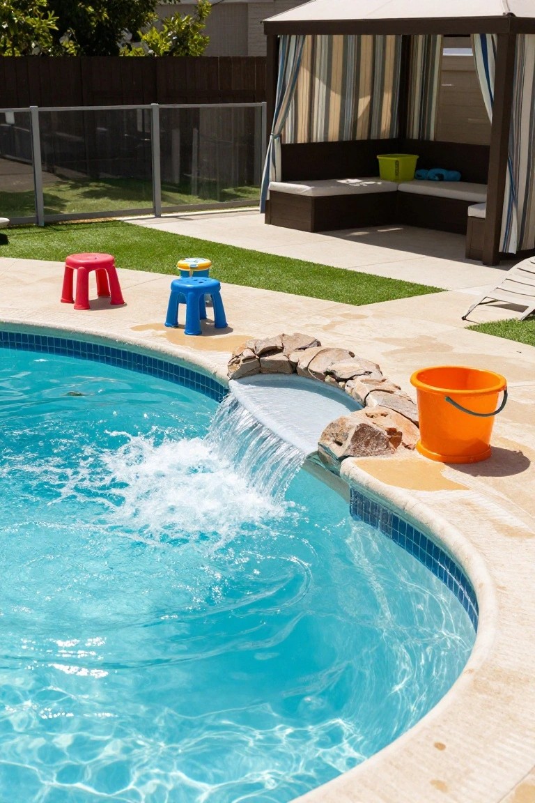 19 Inspiring Inground Pool Landscaping Ideas With Rock Waterfalls Inground pool with water cascading from a rock waterfall over a stone ledge into the blue water, orange bucket and colorful stools on the travertine deck edge, gazebo structure and artificial grass in the background.
