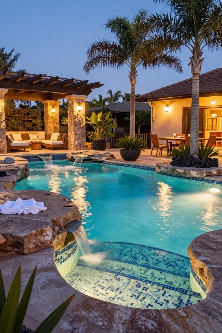 19 Inspiring Inground Pool Landscaping Ideas With Rock Waterfalls Inground pool at dusk with rock waterfall cascading from stone outcrops into turquoise water, mosaic-tiled circular spillover edge, palm trees, stone pergola with lounge seating, outdoor dining table, and stucco house in background.
