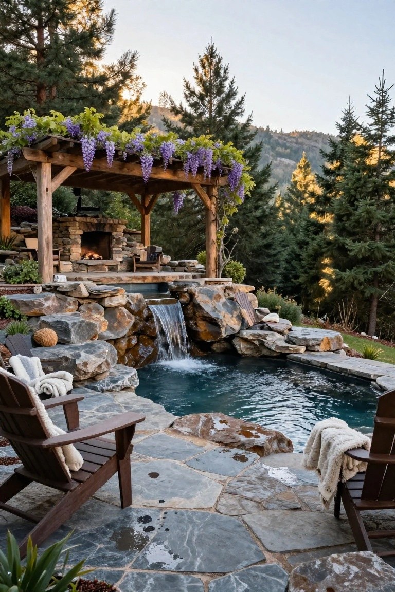 19 Inspiring Inground Pool Landscaping Ideas With Rock Waterfalls Turquoise inground pool with waterfall cascading from stacked gray rocks, stone fireplace on platform under wooden pergola covered in purple wisteria, Adirondack chairs with blankets on flagstone patio amid pine trees and rocky hillside at sunset.