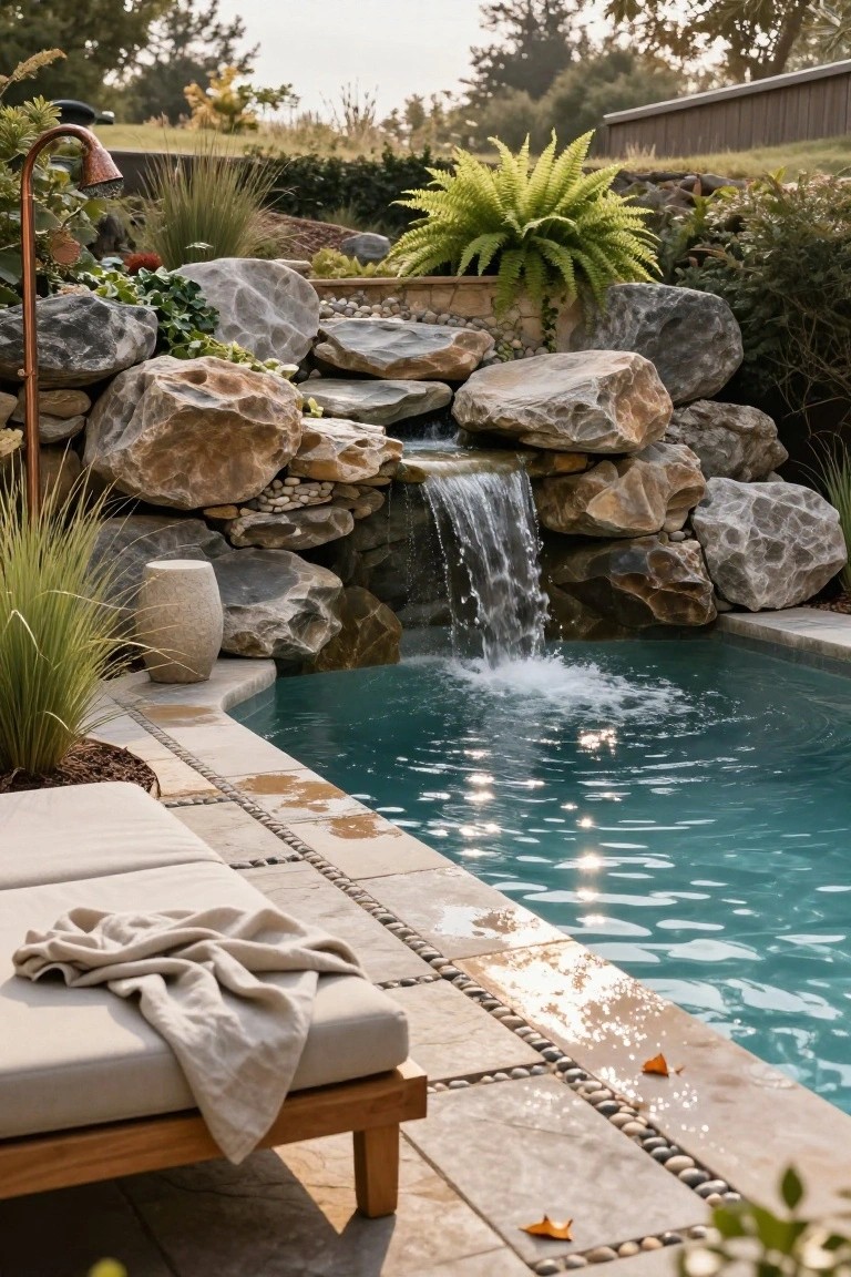19 Inspiring Inground Pool Landscaping Ideas With Rock Waterfalls Inground turquoise pool with a waterfall cascading from large stacked natural rock boulders, surrounded by greenery, potted plants, and a beige outdoor lounger on a tiled deck.