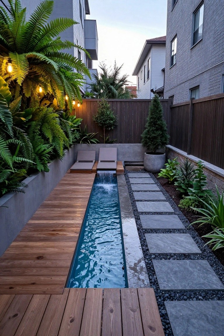 19 Inspiring Inground Pool Landscaping Ideas With Rock Waterfalls Narrow inground pool with turquoise water and small rock waterfall cascading at one end, wooden deck on left side with two lounge chairs, gray stone paver path on right side amid gravel and lush tropical plants, string lights in ferns, wooden fence and buildings in background.