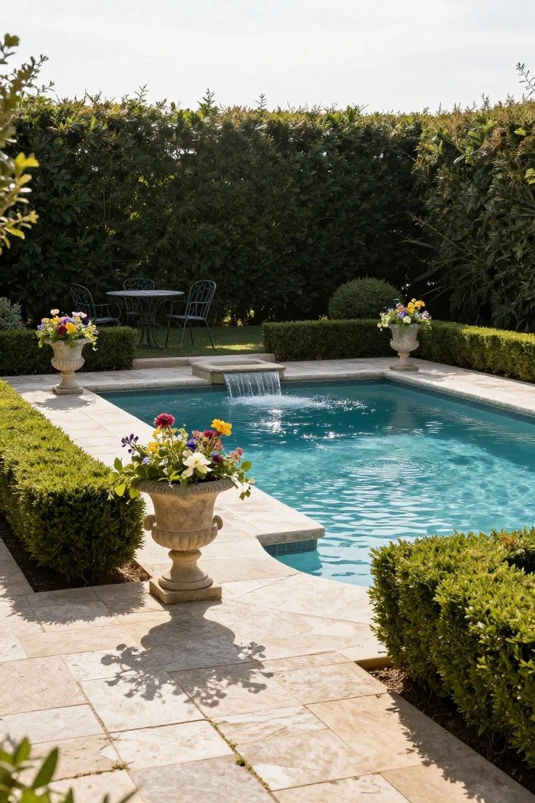 19 Inspiring Inground Pool Landscaping Ideas With Rock Waterfalls Rectangular inground pool with small rock waterfall cascading from raised stone step at one end, surrounded by travertine decking, low boxwood hedges, pedestal urns with colorful flowers, tall hedge backdrop, and small metal table with two chairs on adjacent grass.