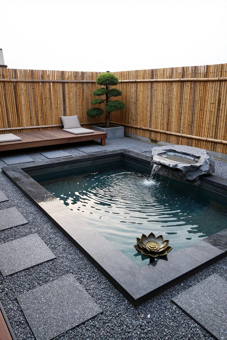 19 Inspiring Inground Pool Landscaping Ideas With Rock Waterfalls Small rectangular inground pool with black stone edging and rock waterfall at one end pouring water into the pool, gold lotus sculpture floating on surface, surrounded by gray pebble ground cover, bamboo fencing, bonsai trees, and wooden lounge bench with cushions.