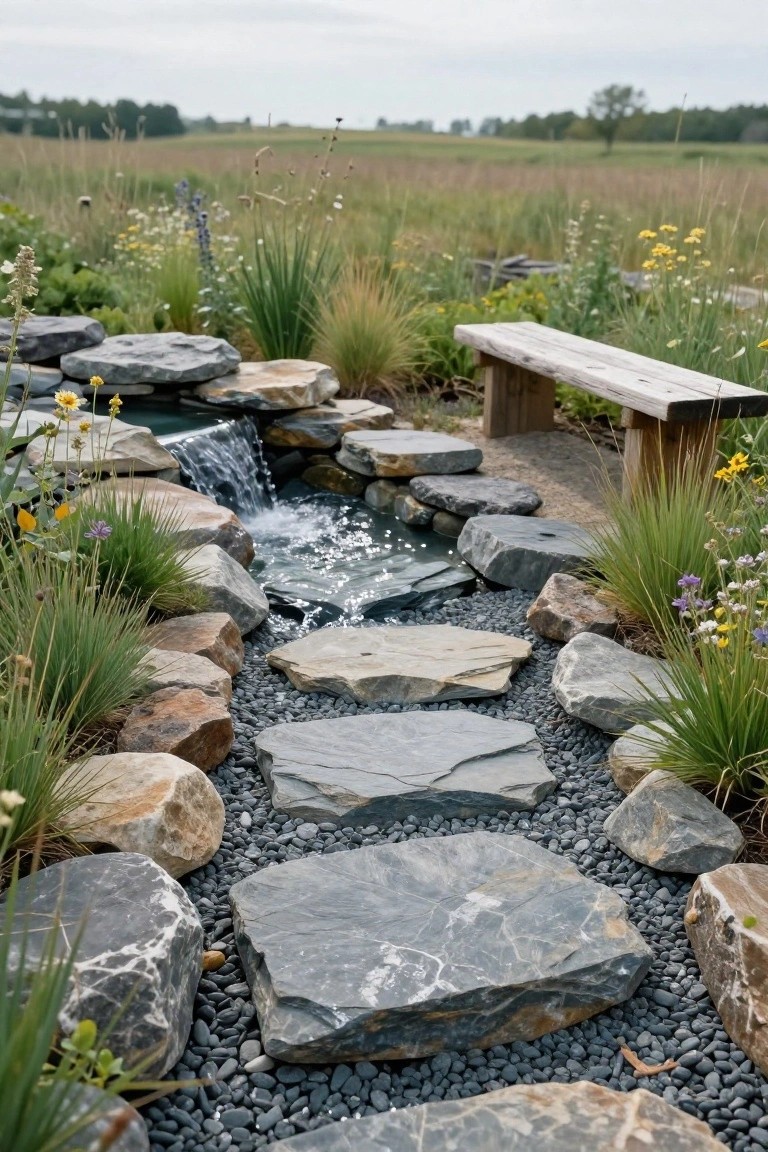 19 Inspiring Inground Pool Landscaping Ideas With Rock Waterfalls Garden path of large irregular flat stones set in black gravel, bordered by boulders and ornamental grasses, running alongside a small rock-lined pond with waterfall and a wooden bench.