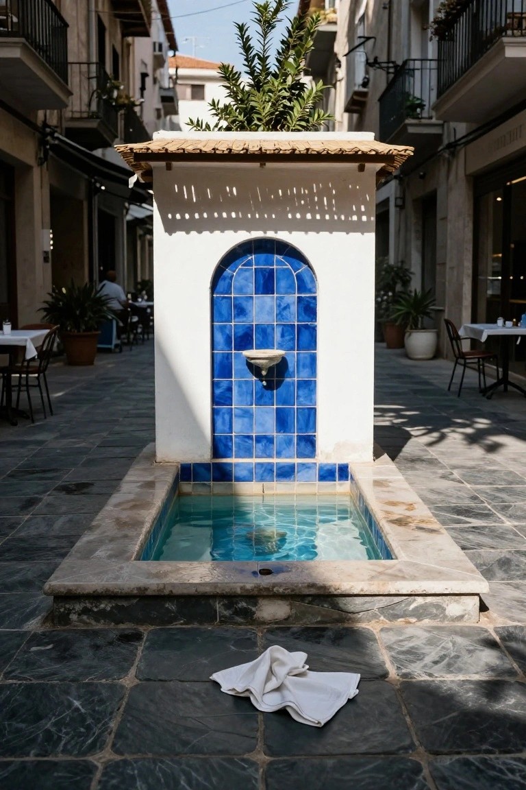 Small rectangular pool with blue tiled walls and arched fountain in a stone-paved courtyard flanked by white buildings, plants, tables, and chairs.