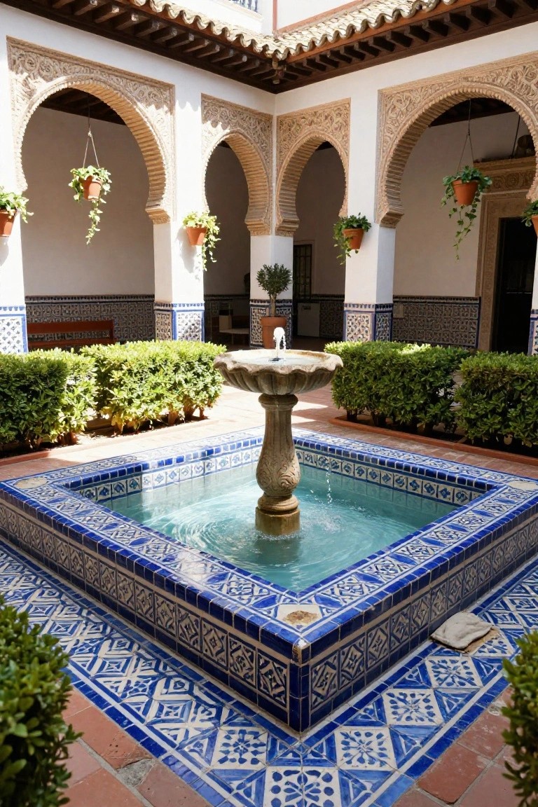 Sunny enclosed courtyard with white stucco arches, hanging plants in terracotta pots, boxwood hedges, and a central stone fountain pool edged in blue and white patterned tiles.