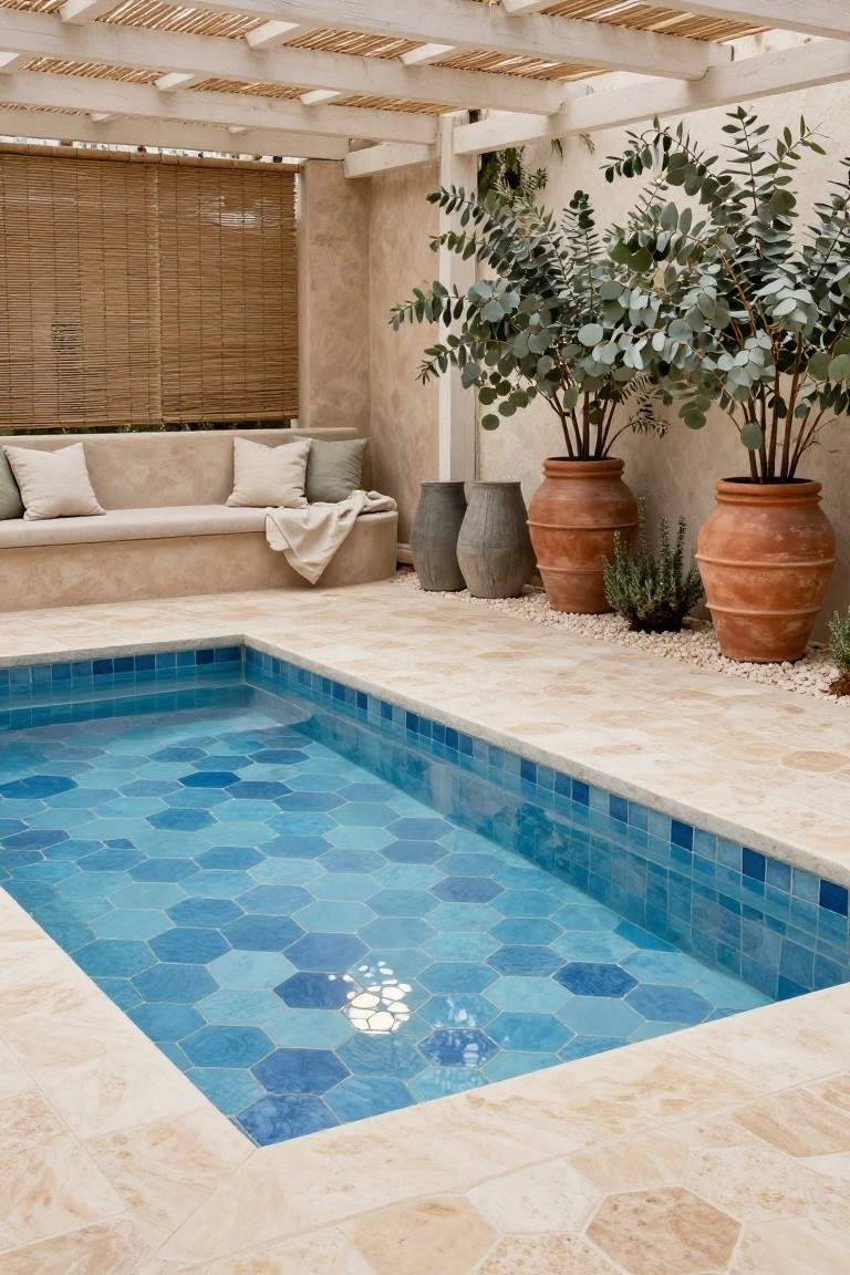 Small rectangular pool tiled in blue hexagonal mosaic tiles, surrounded by beige stone paving, large terracotta pots with plants, eucalyptus trees, a built-in cushioned bench, and bamboo screens under a pergola roof.
