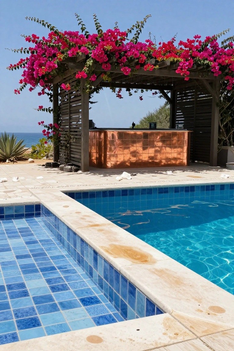 Outdoor infinity pool with blue mosaic tiled steps and main basin, adjacent stone decking, wooden pergola draped in pink bougainvillea, copper bar counter, agave plants, and ocean view.