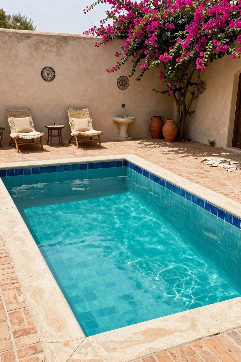 Small rectangular outdoor pool lined with blue mosaic tiles and travertine coping, with wicker loungers, side table, pottery jars, and bougainvillea against a beige stucco wall.
