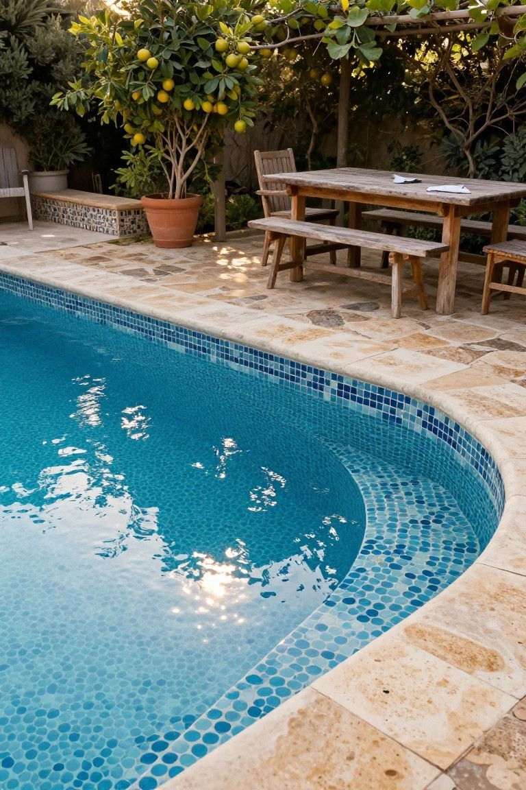 A swimming pool with curved edges lined in small blue mosaic tiles, adjacent to beige stone paving, a wooden dining table and benches, potted lemon tree, and garden plants.