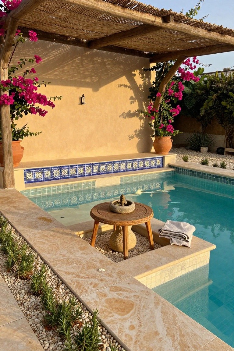 Small turquoise pool with blue patterned tile bench along one edge under thatched pergola, wooden table with towels nearby, potted plants, bougainvillea vines, and gravel borders on beige stone deck.