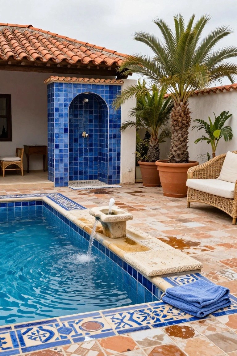 Small rectangular pool with blue mosaic tiled edges and arabesque-patterned borders, blue tiled arched outdoor shower nearby, terracotta pavers, stone fountain, potted palms, and wicker chairs.