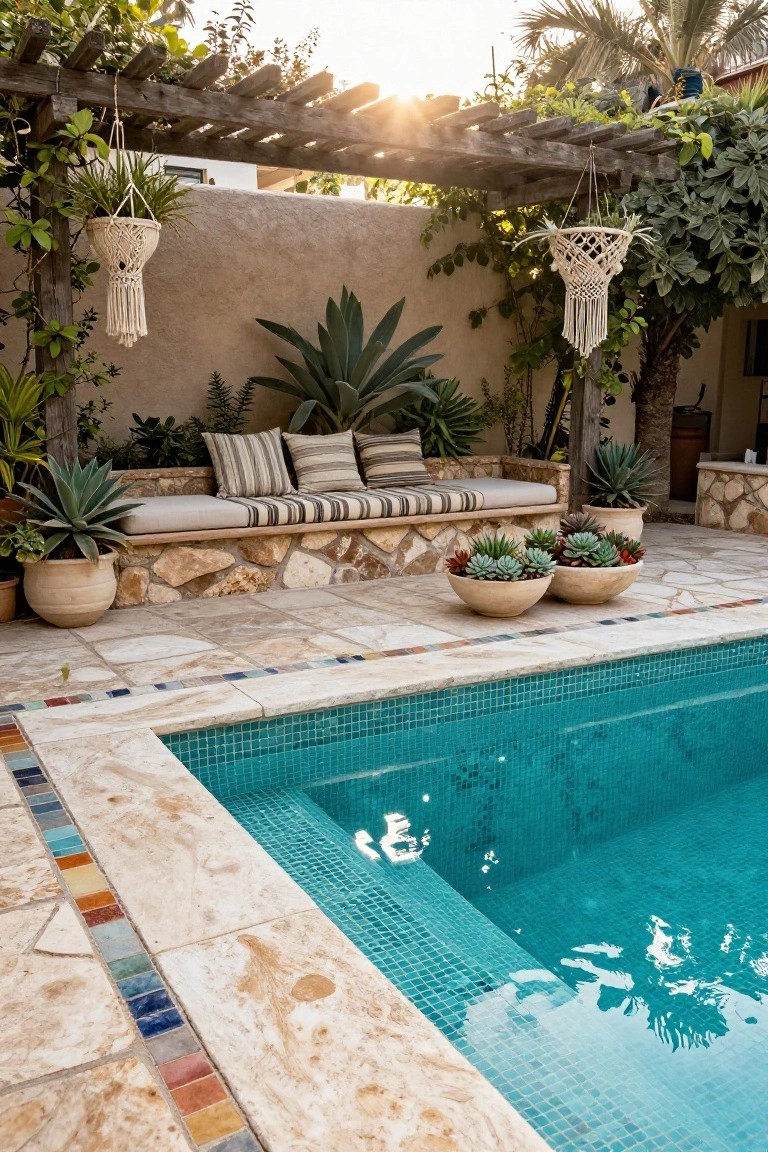 Stone pool deck with a border of multicolored mosaic tiles along the turquoise pool edge, next to a built-in bench seat surrounded by potted plants and agaves under a wooden pergola with hanging macrame planters.