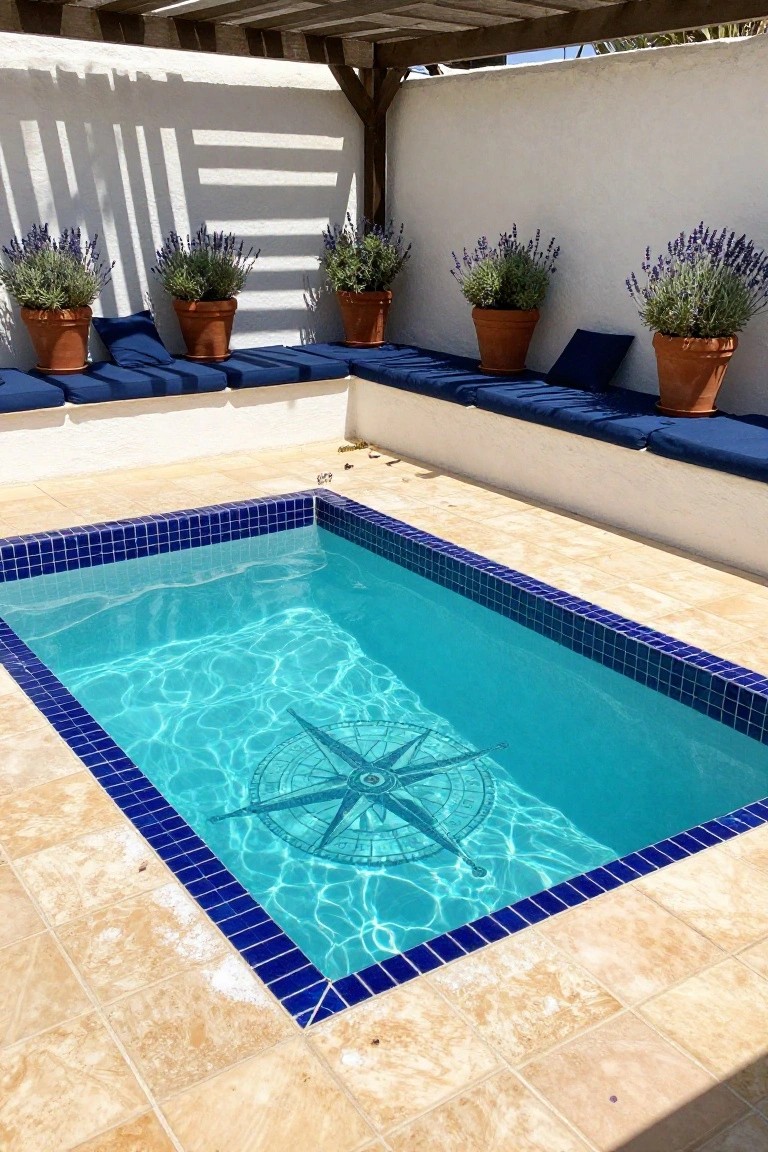 Small rectangular pool with turquoise water, blue mosaic tiled edges, and a large compass rose design on the pool floor, surrounded by terracotta pots of lavender plants and blue cushions on built-in benches against white walls under a wooden pergola.